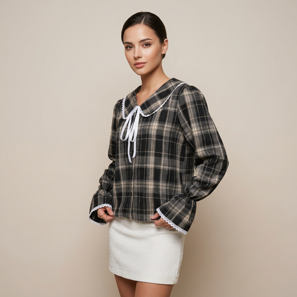 Women’s Plaid Lace Trim Bow-Tie Long Sleeve Shirt-Vyana Collective