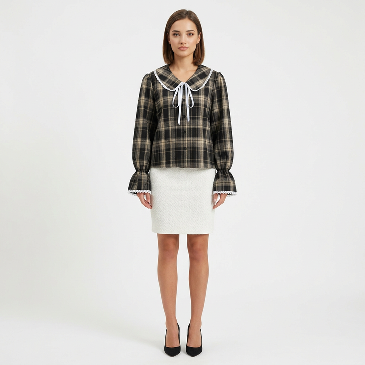 Women’s Plaid Lace Trim Bow-Tie Long Sleeve Shirt-Vyana Collective