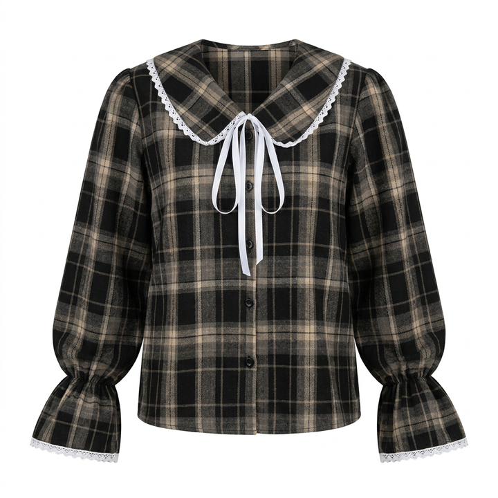 Women’s Plaid Lace Trim Bow-Tie Long Sleeve Shirt-Vyana Collective