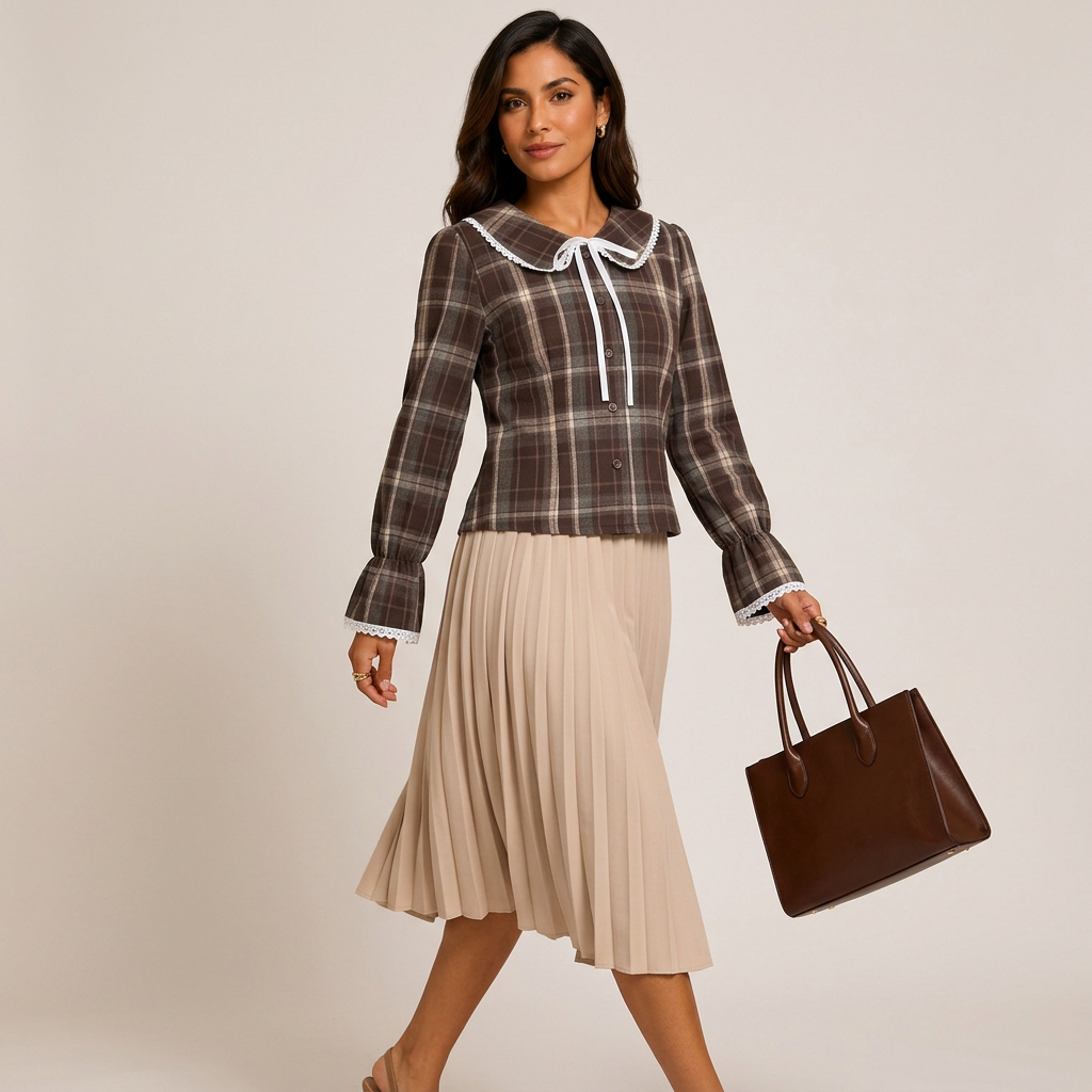 Women’s Plaid Lace Trim Bow-Tie Long Sleeve Shirt-Vyana Collective