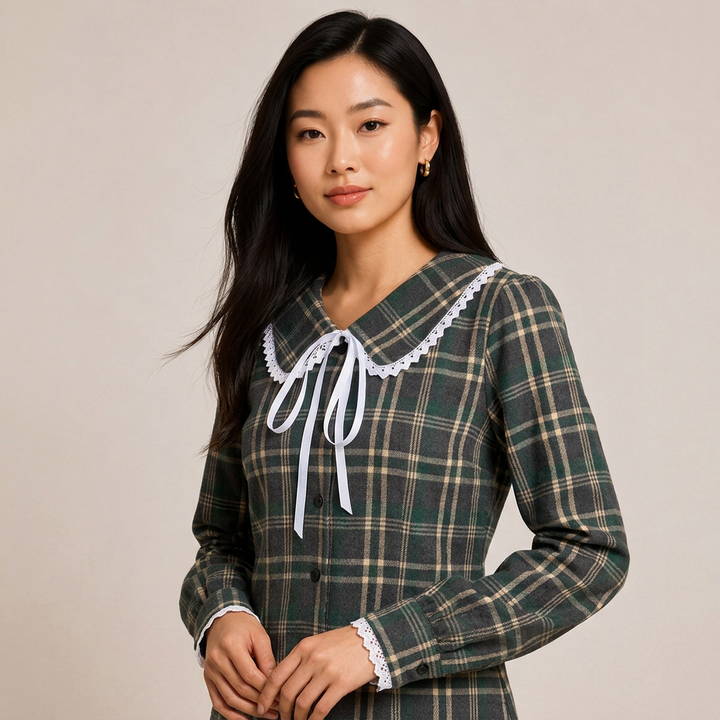 Women’s Plaid Lace Trim Bow-Tie Long Sleeve Shirt-Vyana Collective