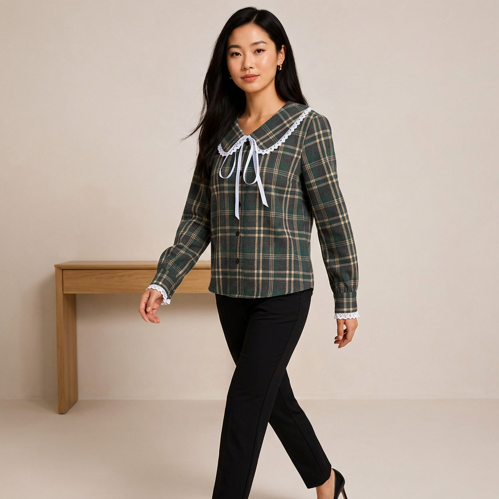 Women’s Plaid Lace Trim Bow-Tie Long Sleeve Shirt-Vyana Collective