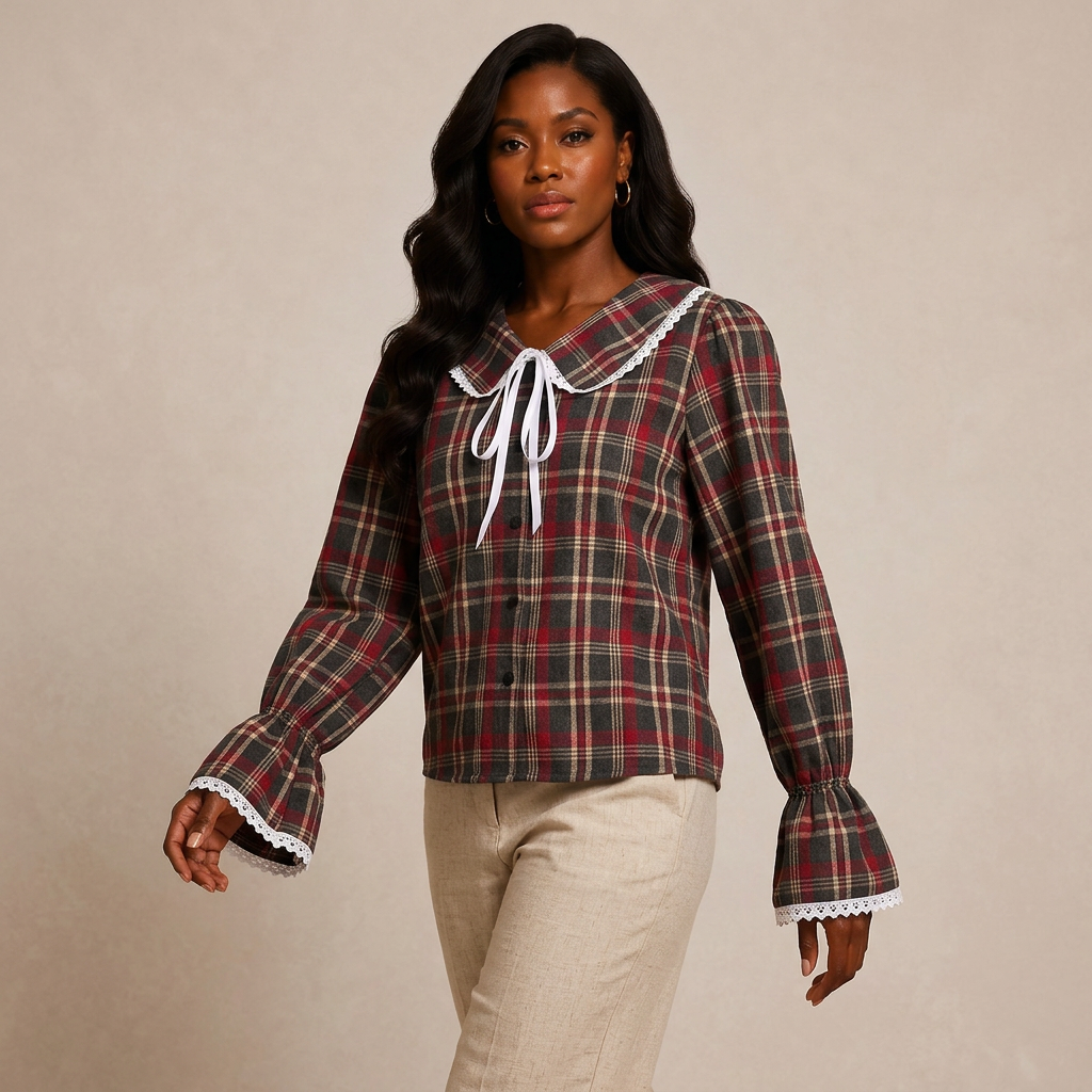 Women’s Plaid Lace Trim Bow-Tie Long Sleeve Shirt-Vyana Collective