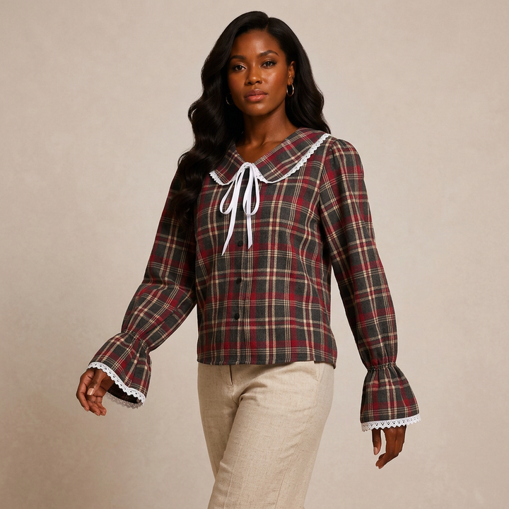 Women’s Plaid Lace Trim Bow-Tie Long Sleeve Shirt-Vyana Collective