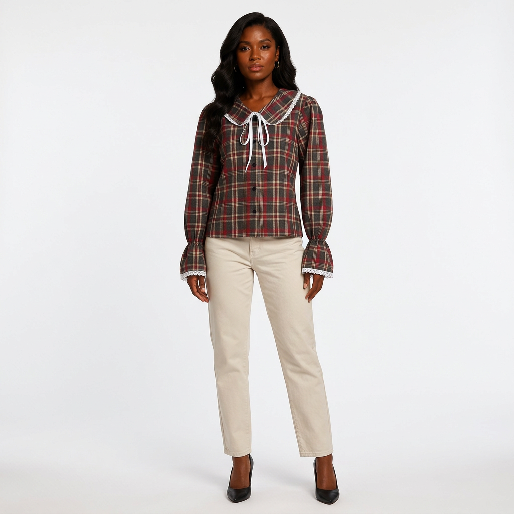 Women’s Plaid Lace Trim Bow-Tie Long Sleeve Shirt-Vyana Collective