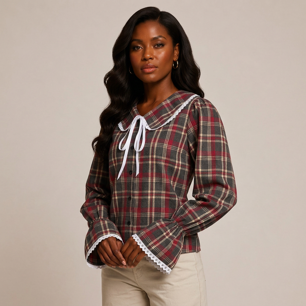 Women’s Plaid Lace Trim Bow-Tie Long Sleeve Shirt-Vyana Collective