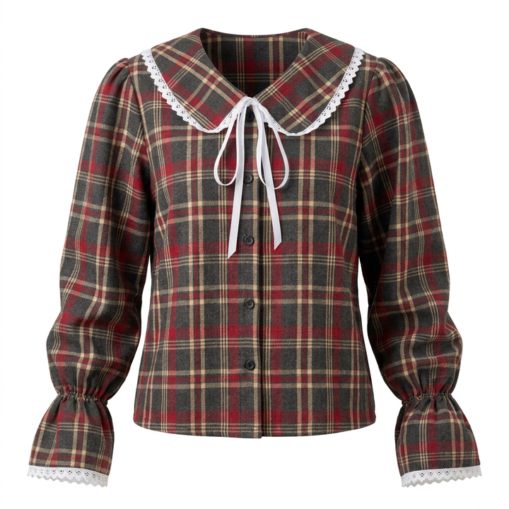 Women’s Plaid Lace Trim Bow-Tie Long Sleeve Shirt-Vyana Collective