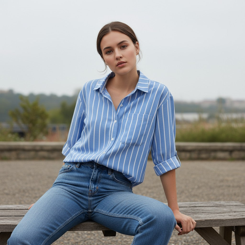 Autumn Loose Striped Commuter Shirt-Vyana Collective