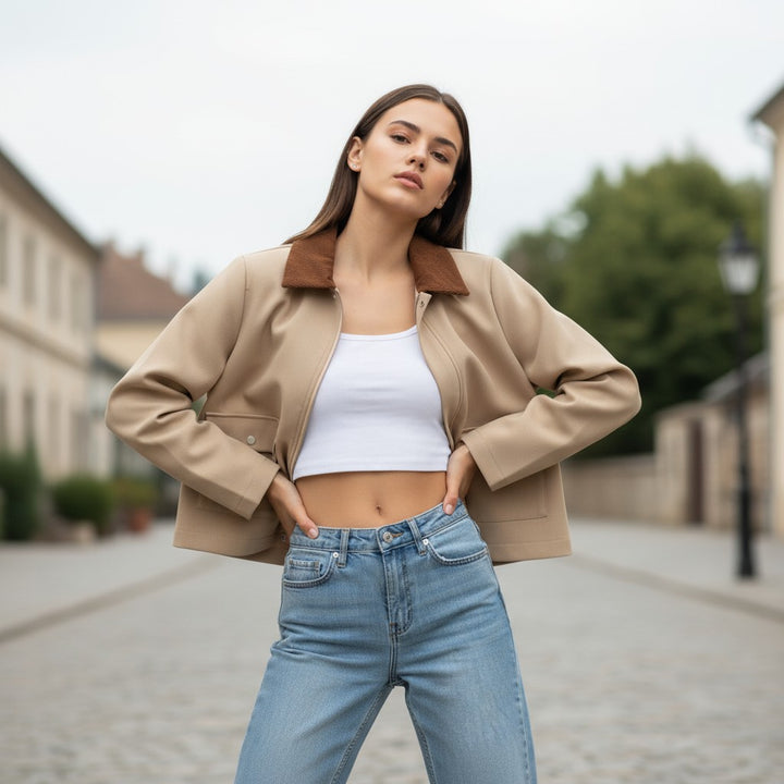 Autumn & Winter Short Contrast Collar Jacket-Vyana Collective