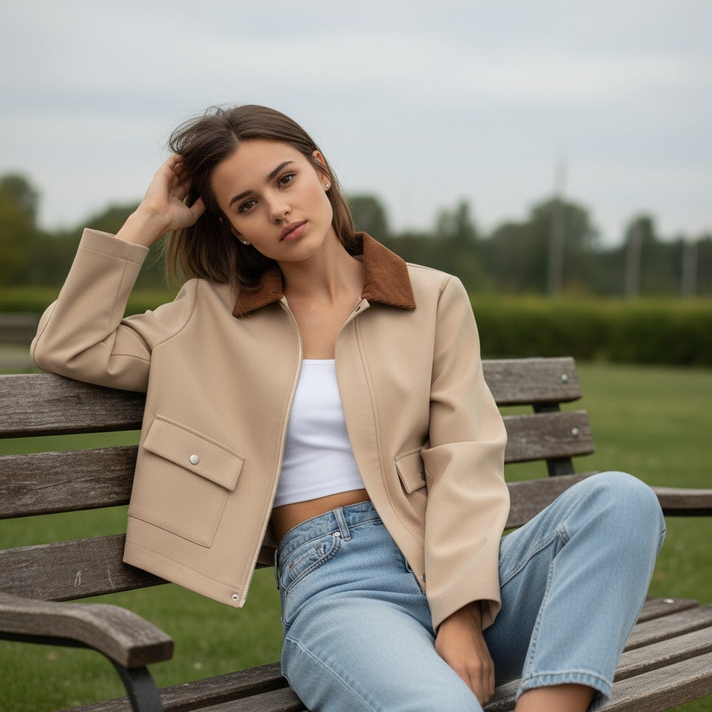 Autumn & Winter Short Contrast Collar Jacket-Vyana Collective