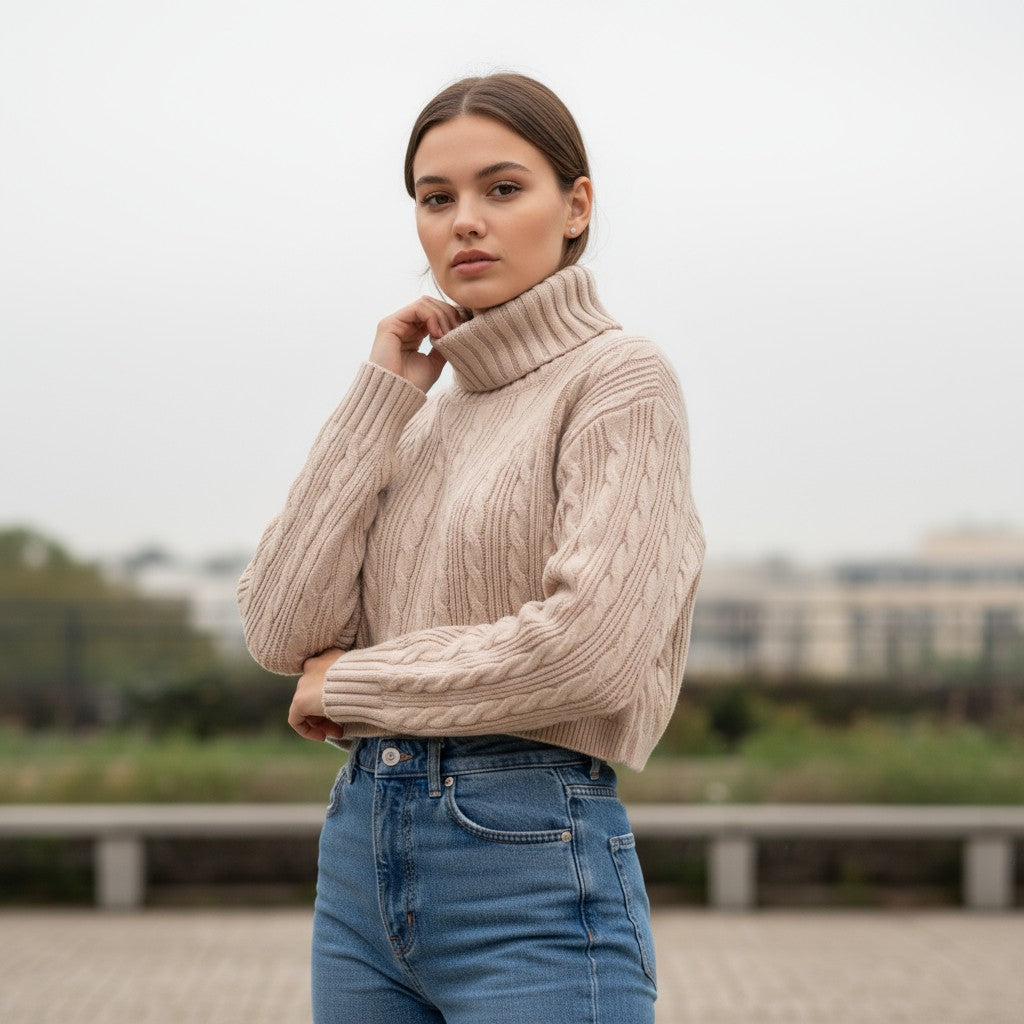 Classic Cable-Knit Cropped Sweater-Trendsi