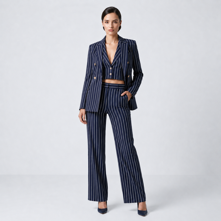 Navy Pinstripe Three Piece Blazer, Vest and Wide Leg Pants Set for Meetings Ready and Executive Elegance Women