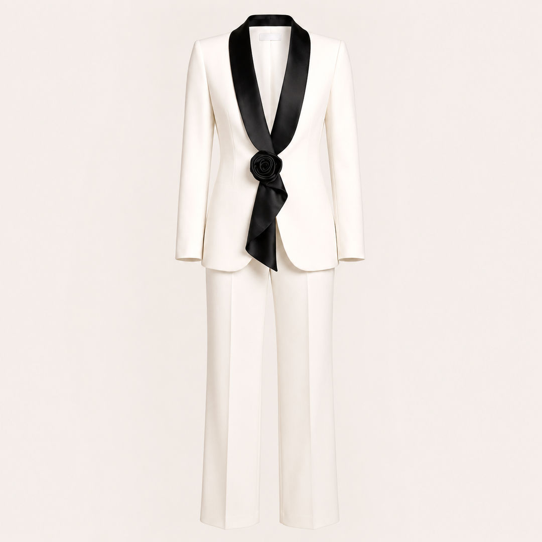 Satin Lapel Blazer and Wide Leg Pants Set for Meetings and Executive Elegance Women