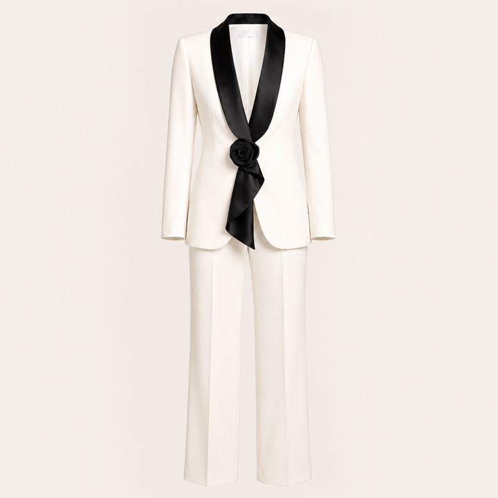 Satin Lapel Blazer and Wide Leg Pants Set for Meetings and Executive Elegance Women