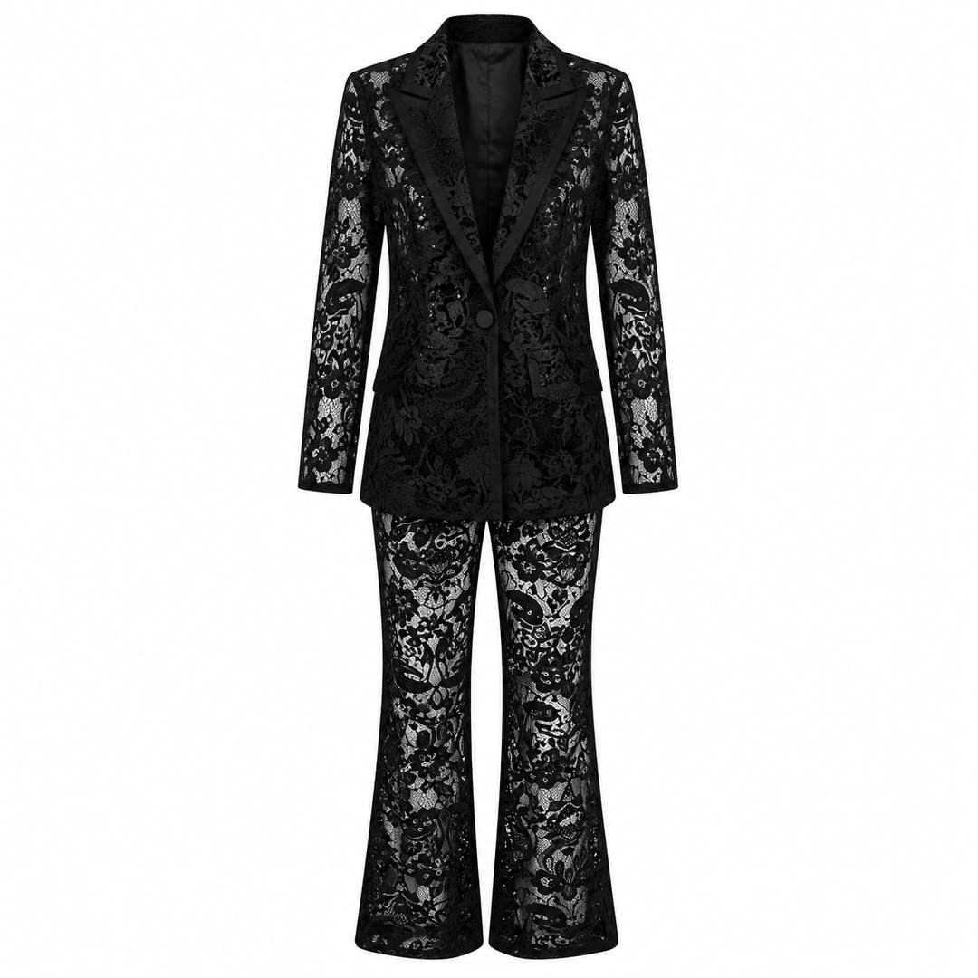 Embroidered Sequin Mesh Blazer and Wide Leg Pants Set for Gala Evenings and Luxury Events Women