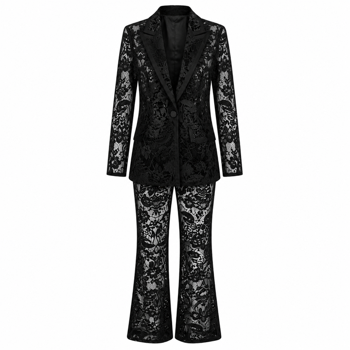 Embroidered Sequin Mesh Blazer and Wide Leg Pants Set for Gala Evenings and Luxury Events Women