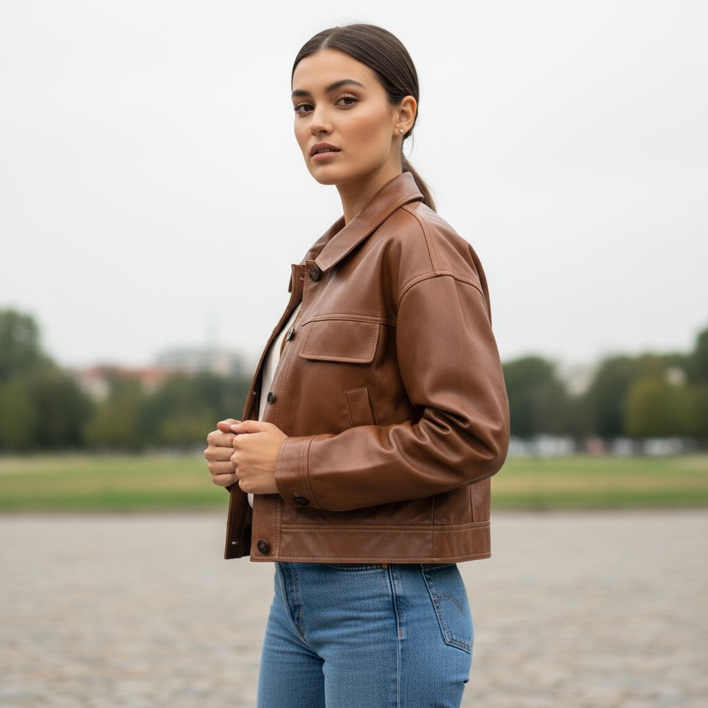 PU Leather Lapel Short Jacket-Vyana Collective