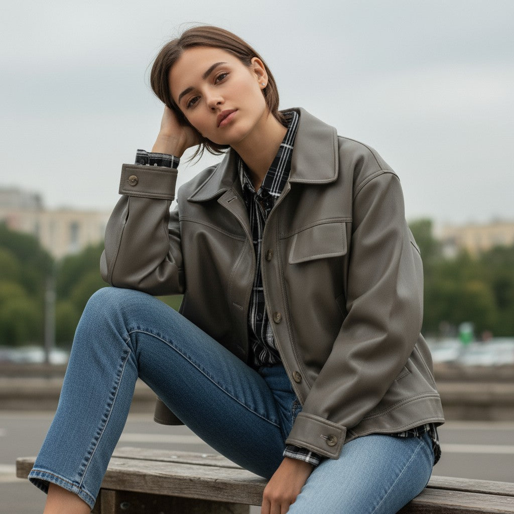 PU Leather Lapel Short Jacket-Vyana Collective