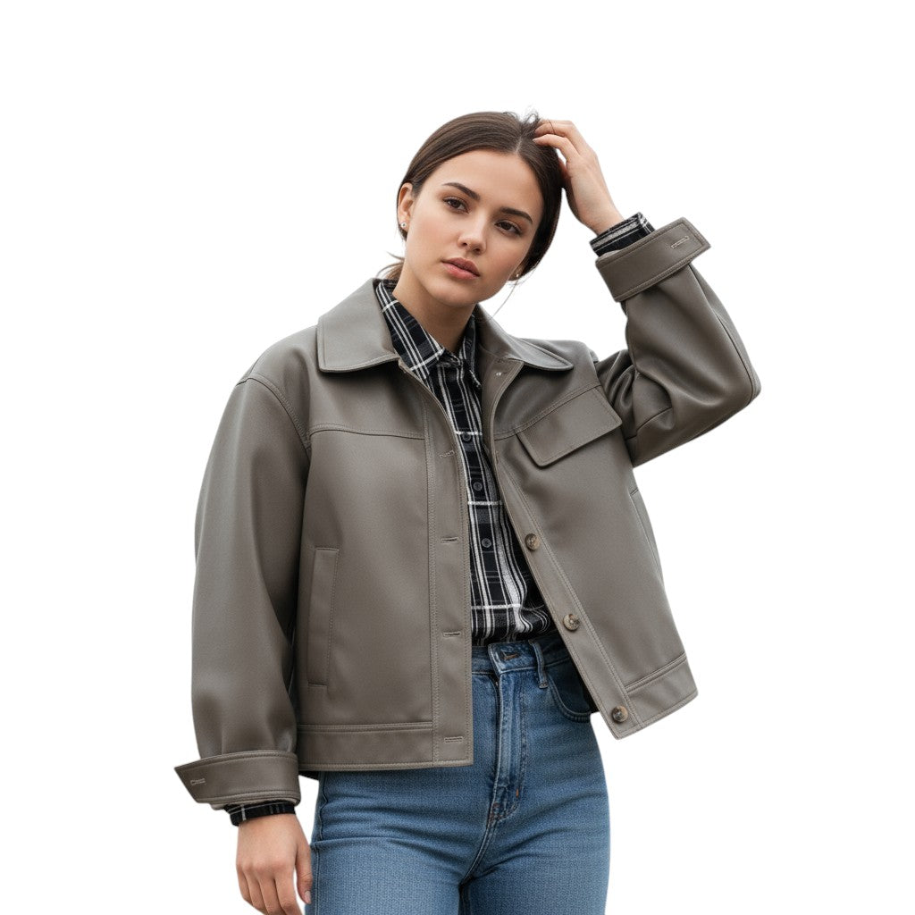 PU Leather Lapel Short Jacket-Vyana Collective