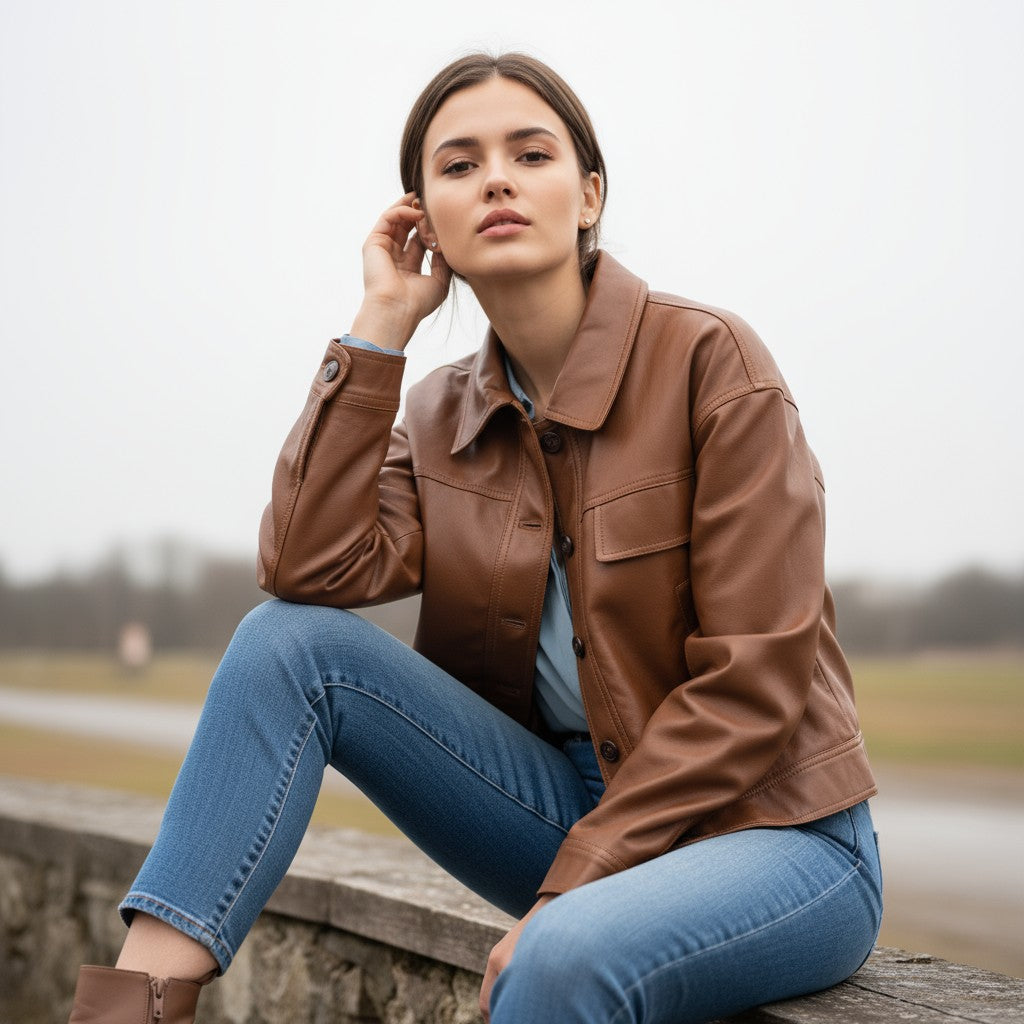 PU Leather Lapel Short Jacket-Vyana Collective