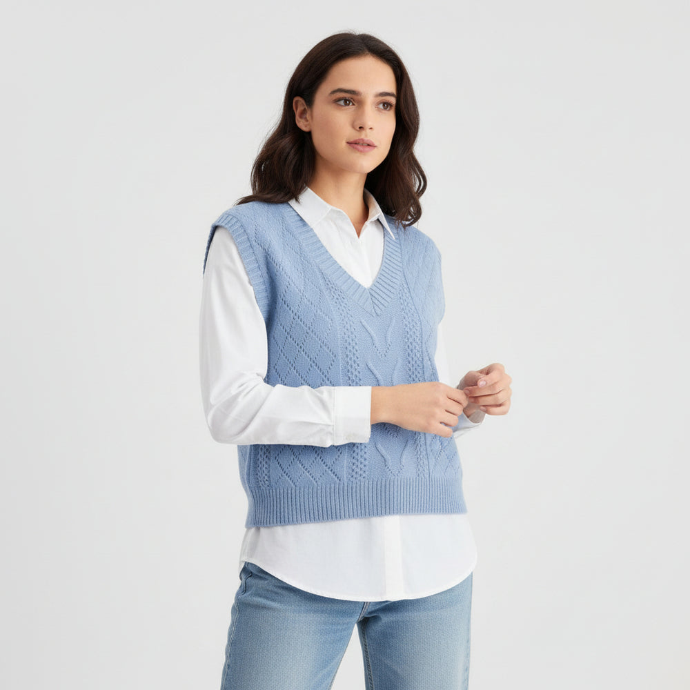 V-Neck Sleeveless Cable Knit Sweater with Hollow-Out Design-Vyana Collective