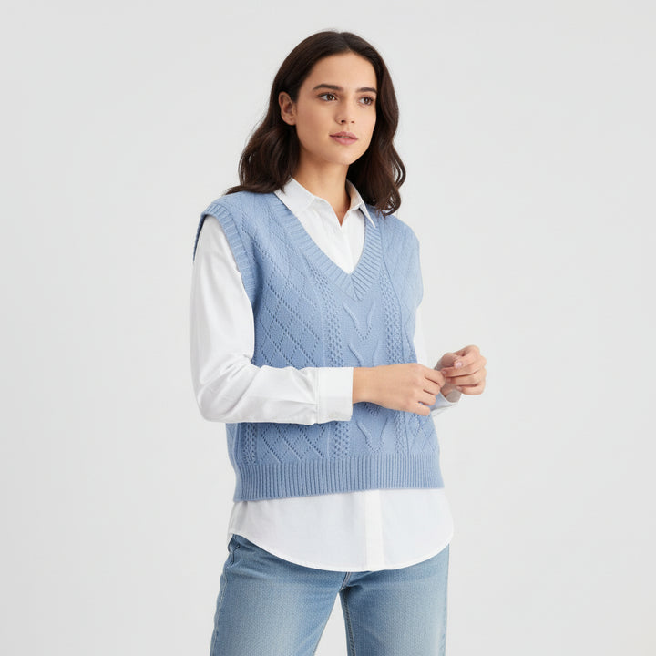 V-Neck Sleeveless Cable Knit Sweater with Hollow-Out Design-Vyana Collective