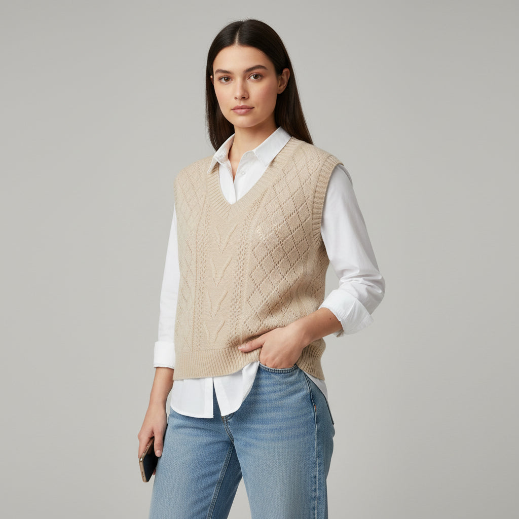 V-Neck Sleeveless Cable Knit Sweater with Hollow-Out Design-Vyana Collective