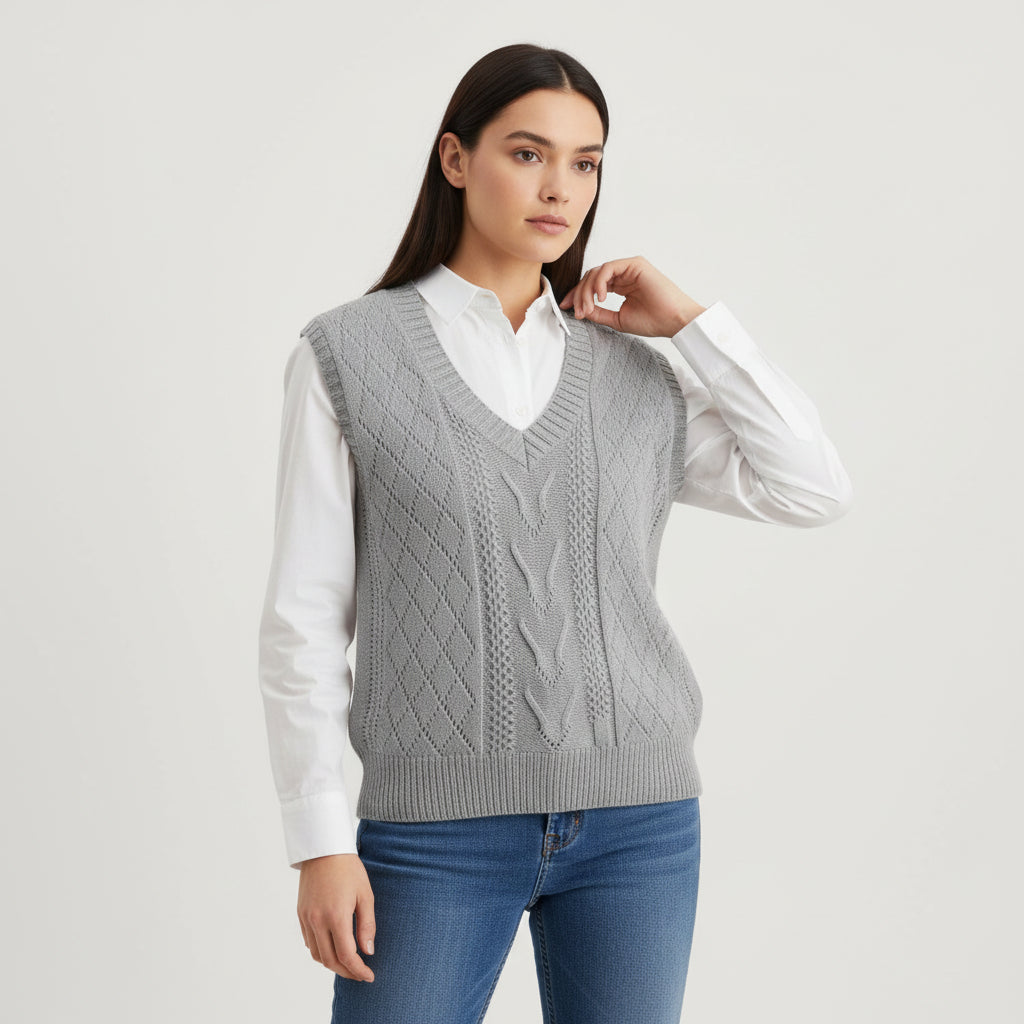 V-Neck Sleeveless Cable Knit Sweater with Hollow-Out Design-Vyana Collective