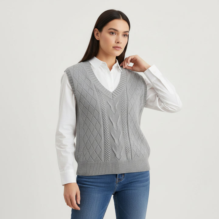 V-Neck Sleeveless Cable Knit Sweater with Hollow-Out Design-Vyana Collective