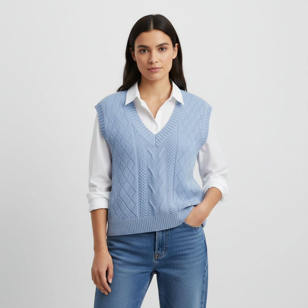 V-Neck Sleeveless Cable Knit Sweater with Hollow-Out Design-Vyana Collective