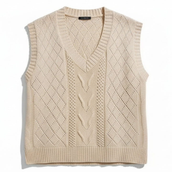 V-Neck Sleeveless Cable Knit Sweater with Hollow-Out Design-Vyana Collective