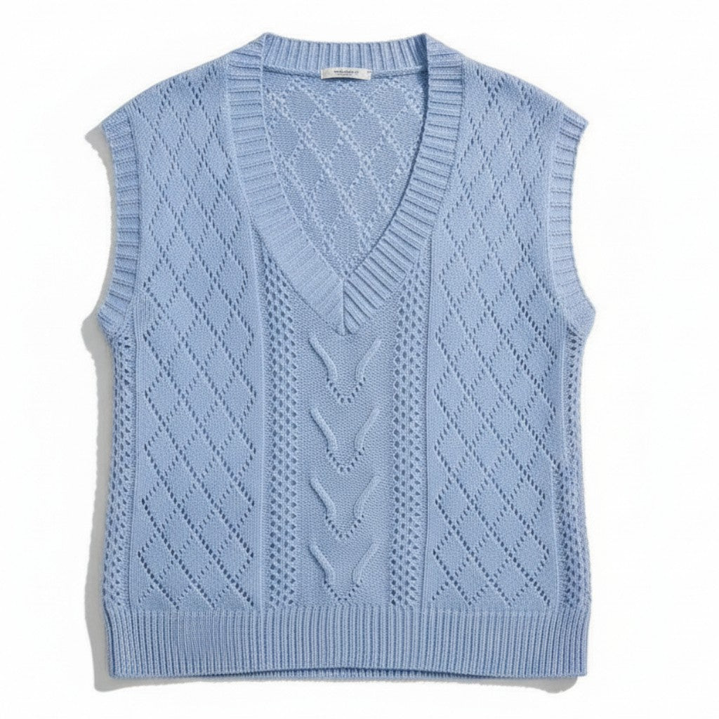V-Neck Sleeveless Cable Knit Sweater with Hollow-Out Design-Vyana Collective