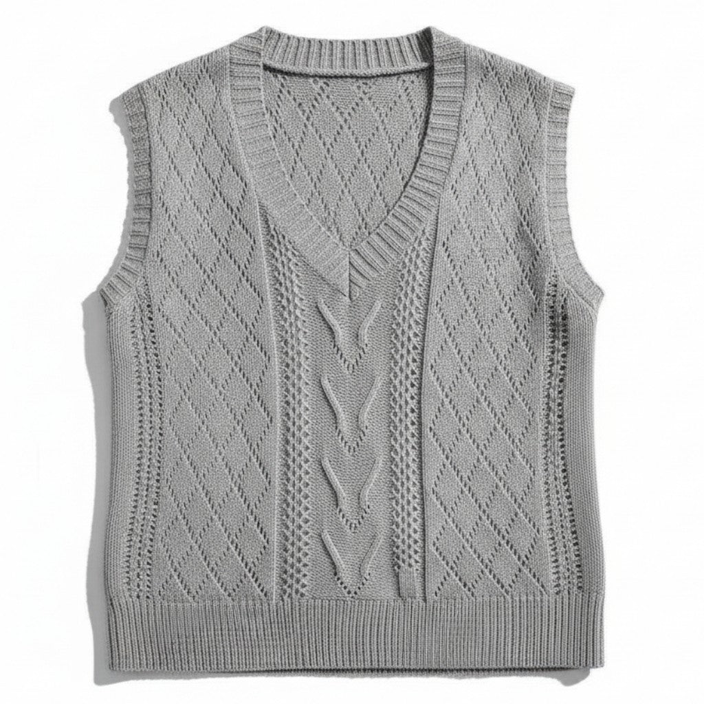 V-Neck Sleeveless Cable Knit Sweater with Hollow-Out Design-Vyana Collective