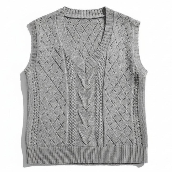 V-Neck Sleeveless Cable Knit Sweater with Hollow-Out Design-Vyana Collective