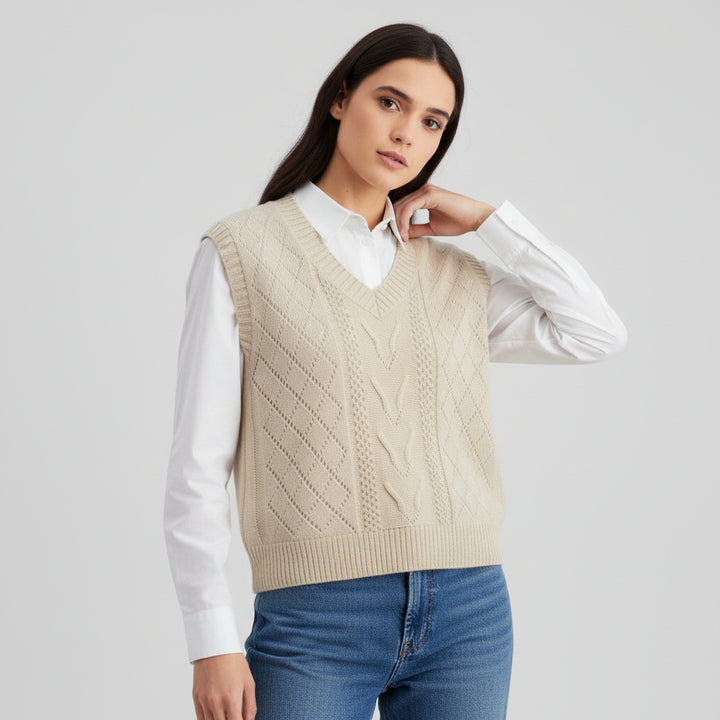 V-Neck Sleeveless Cable Knit Sweater with Hollow-Out Design-Vyana Collective