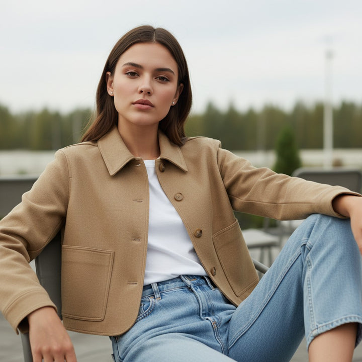 Vyana Collective Women’s Camel Suede Coat with Button Closure-Vyana Collective