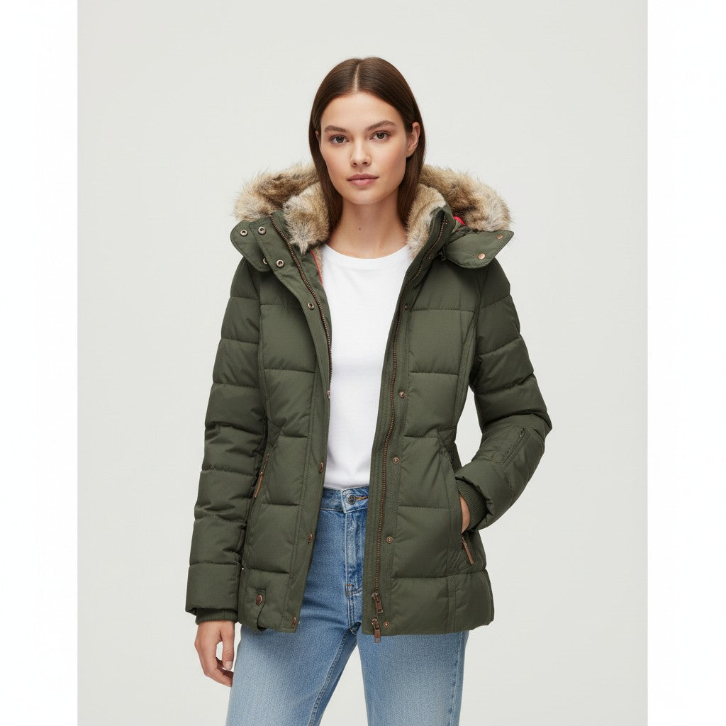 Vyana Collective Women's Winter Jacket with Collar and Faux Fur Trim-Vyana Collective