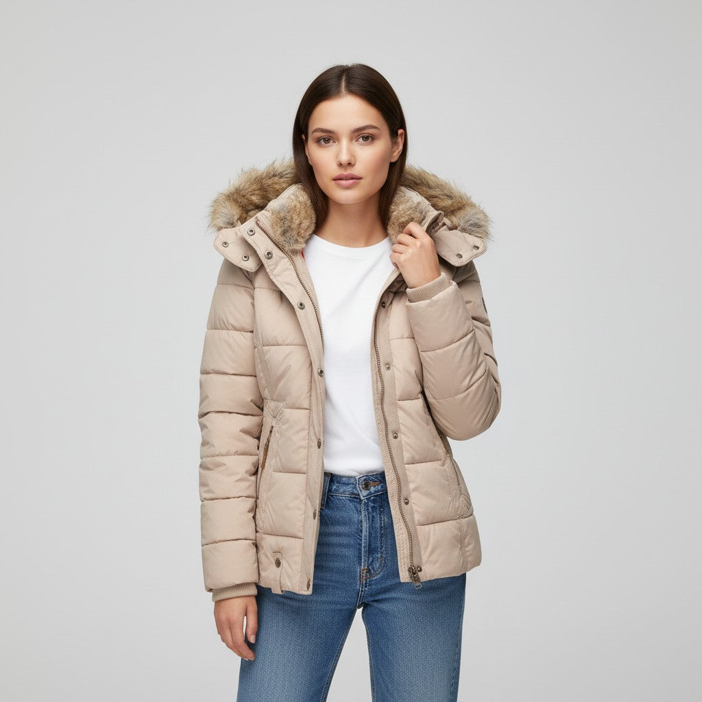 Vyana Collective Women's Winter Jacket with Collar and Faux Fur Trim-Vyana Collective