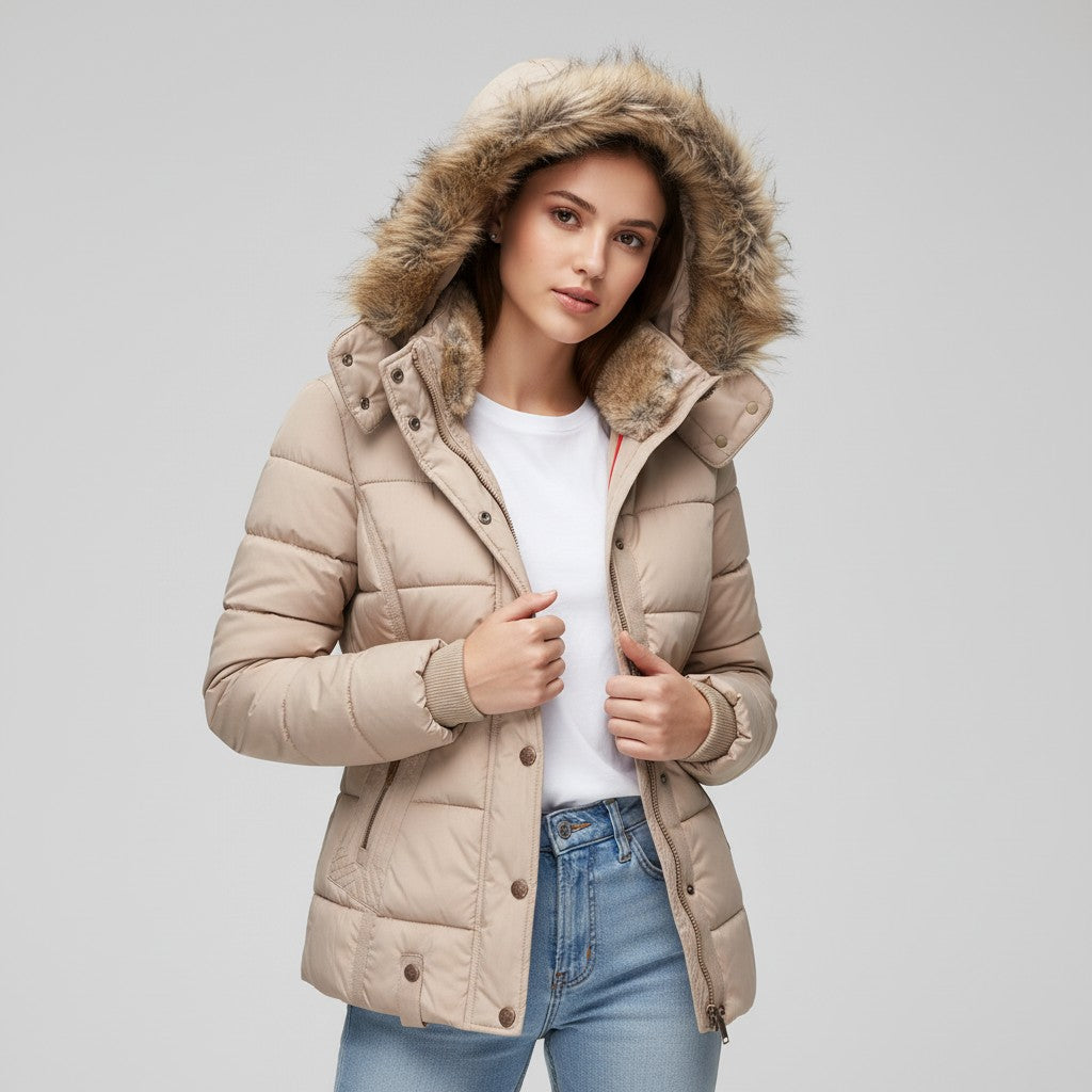 Vyana Collective Women's Winter Jacket with Collar and Faux Fur Trim-Vyana Collective