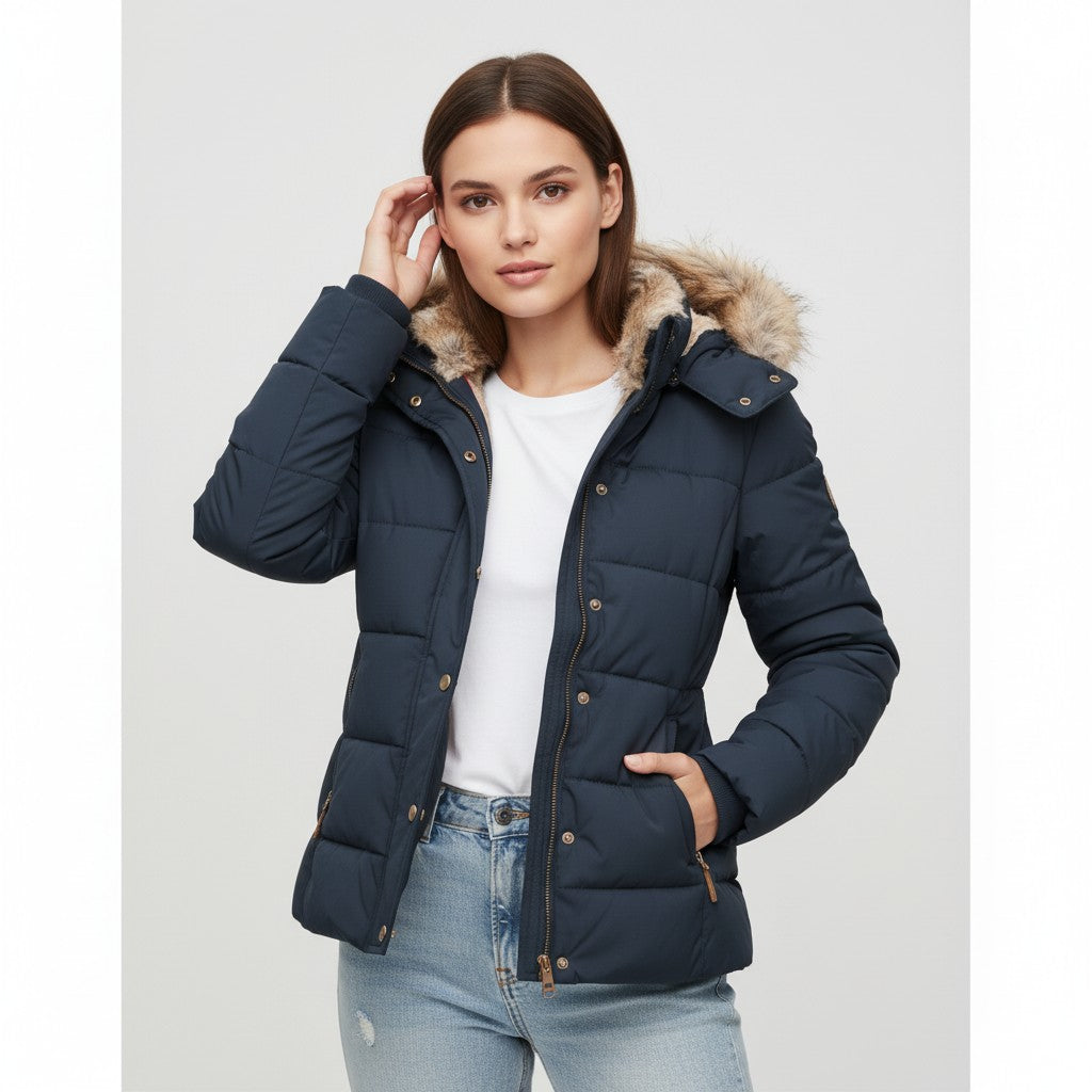 Vyana Collective Women's Winter Jacket with Collar and Faux Fur Trim-Vyana Collective