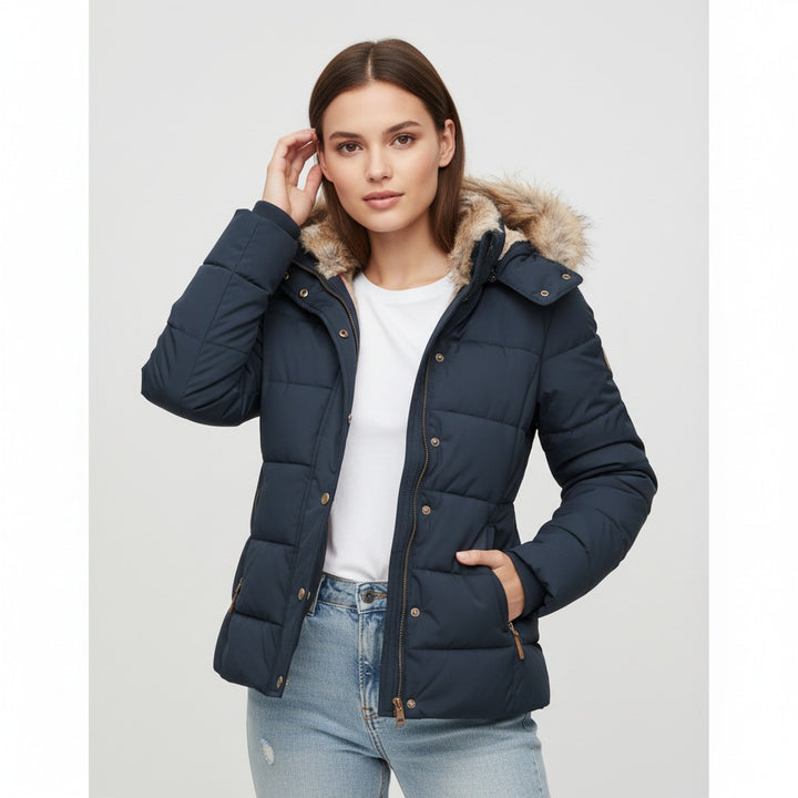 Vyana Collective Women's Winter Jacket with Collar and Faux Fur Trim-Vyana Collective