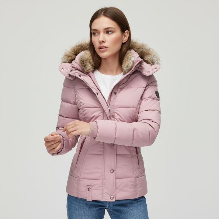 Vyana Collective Women's Winter Jacket with Collar and Faux Fur Trim-Vyana Collective