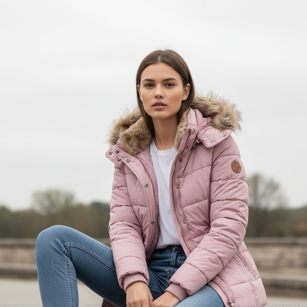 Vyana Collective Women's Winter Jacket with Collar and Faux Fur Trim-Vyana Collective