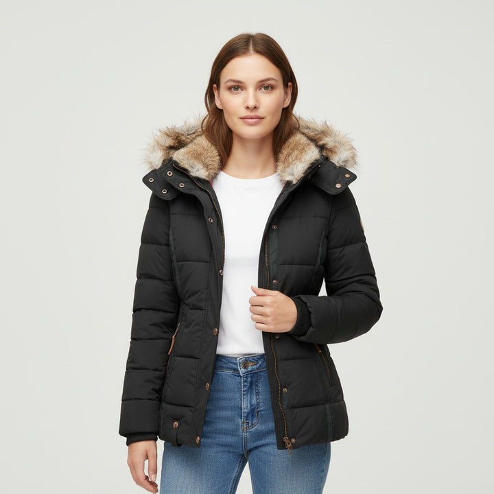 Vyana Collective Women's Winter Jacket with Collar and Faux Fur Trim-Vyana Collective