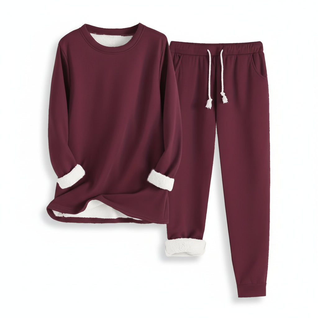 2-Piece Burgundy Fleece-Lined Loungewear Set for Women-Vyana Collective