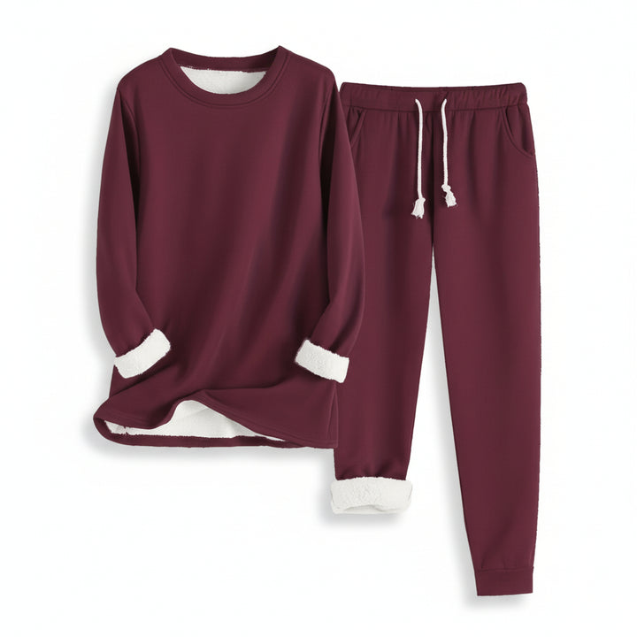 2-Piece Burgundy Fleece-Lined Loungewear Set for Women-Vyana Collective