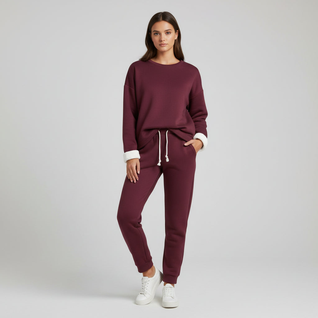 2-Piece Burgundy Fleece-Lined Loungewear Set for Women-Vyana Collective