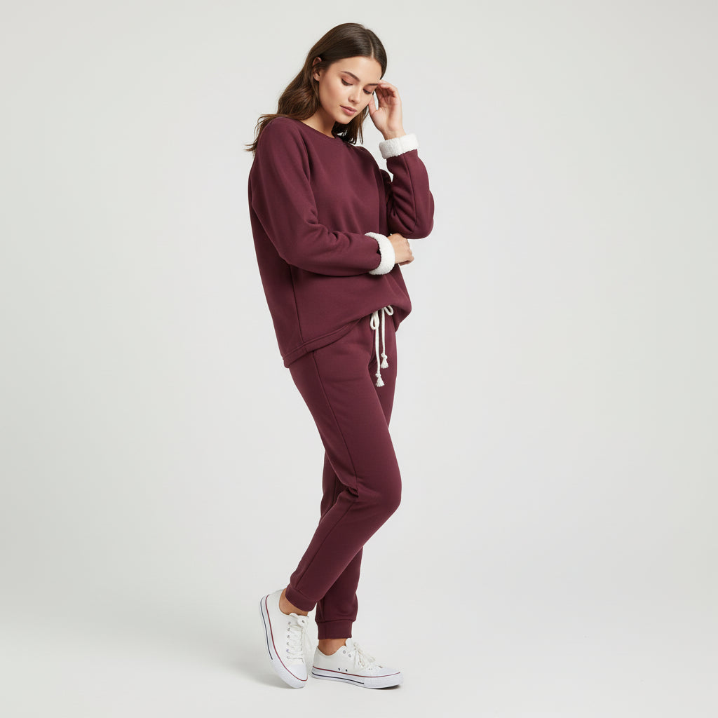 2-Piece Burgundy Fleece-Lined Loungewear Set for Women-Vyana Collective