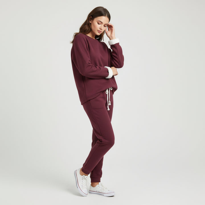2-Piece Burgundy Fleece-Lined Loungewear Set for Women-Vyana Collective