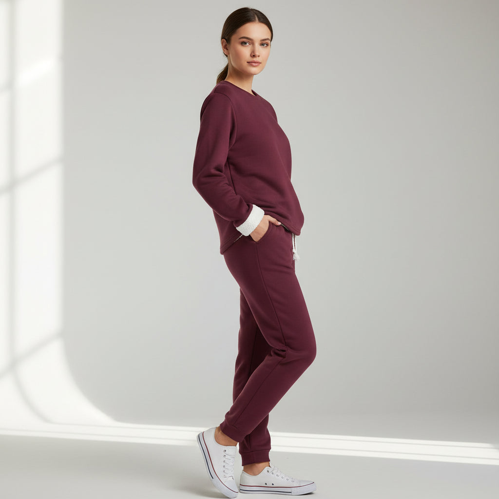 2-Piece Burgundy Fleece-Lined Loungewear Set for Women-Vyana Collective